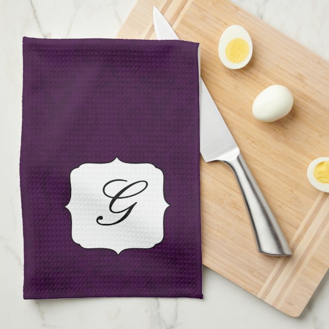 Plum Damask Initial Kitchen Towel (Quarter Fold)