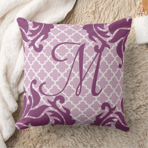 Plum Damask Monogram Custom Accent Pillow