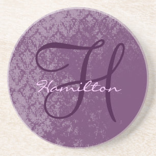 Plum Damask Monogram Wedding Anniversary Coasters