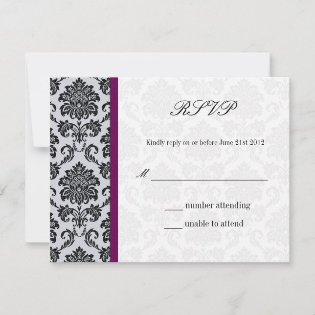 Plum Damask Monogram Wedding RSVP Card (Front)