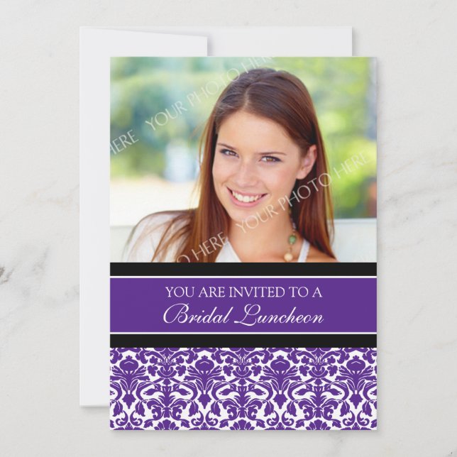 Plum Damask Photo Bridal Luncheon Invitation Cards (Front)