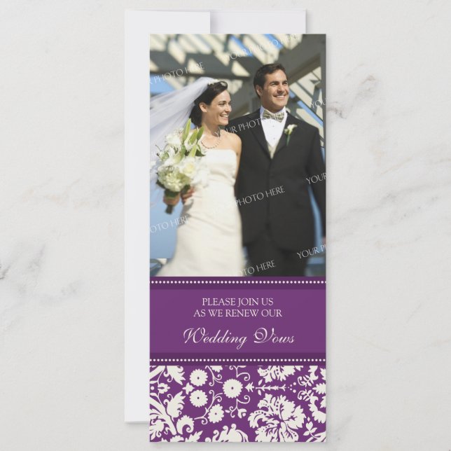 Plum Damask Photo Wedding Vow Renewal Invitations (Front)