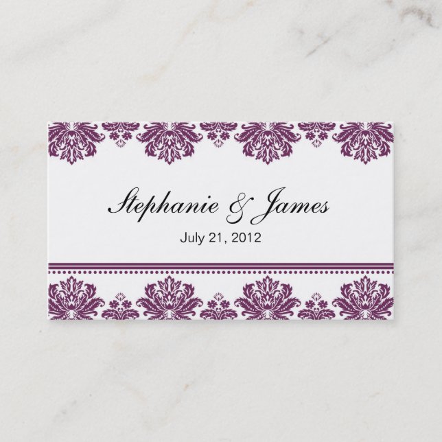 Plum Damask Wedding Business Card (Front)
