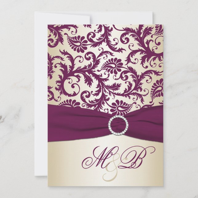 Plum Damask with PRINTED Ribbon Wedding Invite (Front)