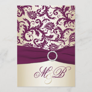Plum Damask with PRINTED Ribbon Wedding Invite