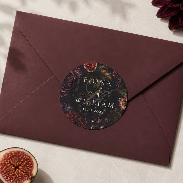 Plum Dark Botanical Wedding Classic Round Sticker (Creator Uploaded)