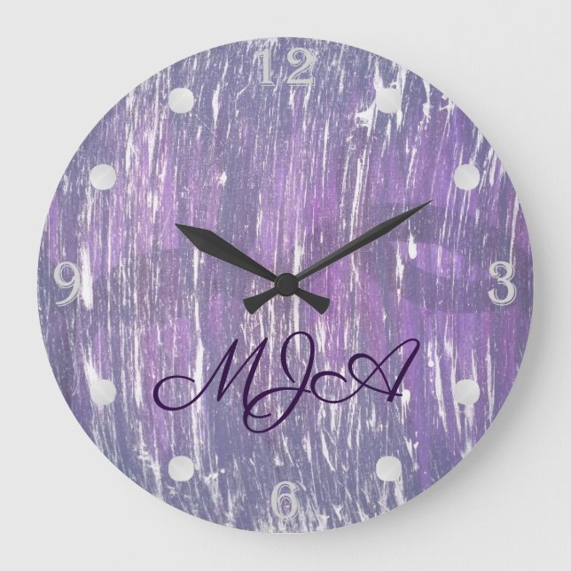 Plum Decor | Purple Silver Splatter Brushstroke Large Clock (Front)