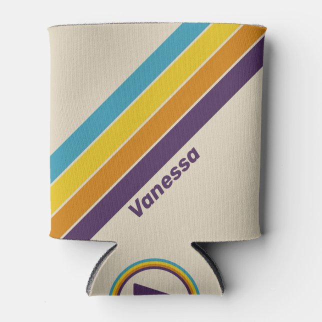 Plum Dust Rainbow Stripes with Name Can Cooler (Front)