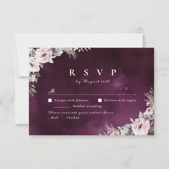 Plum & dusty pink boho floral rustic wedding RSVP Card (Front)