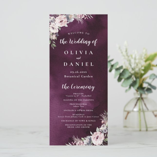Plum & dusty pink boho floral wedding program (Standing Front)