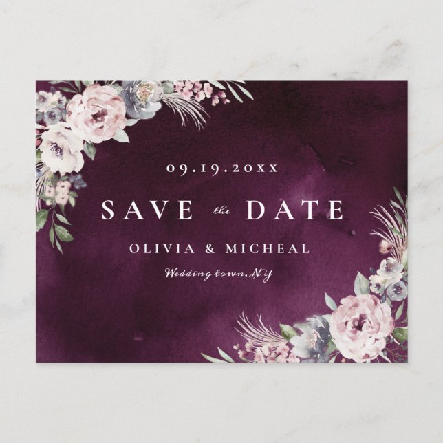 Plum & dusty pink rustic boho floral save the date announcement postcard (Front)