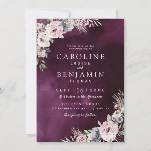 Plum & dusty pink rustic boho floral wedding invitation