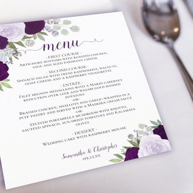 Plum & Dusty Purple Roses Budget Wedding Menu (Creator Uploaded)
