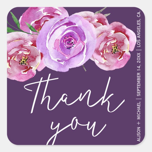 Plum dusty rose peonies wedding  thank you script square sticker (Front)