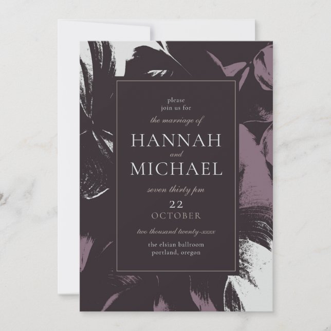 Plum Eggplant Black Abstract Floral Wedding Invitation (Front)
