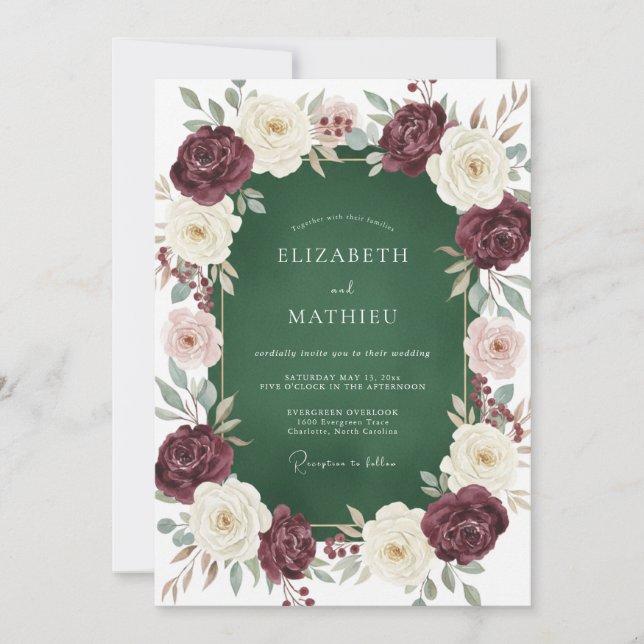 Plum Emerald Wreath Wedding Invitation (Front)
