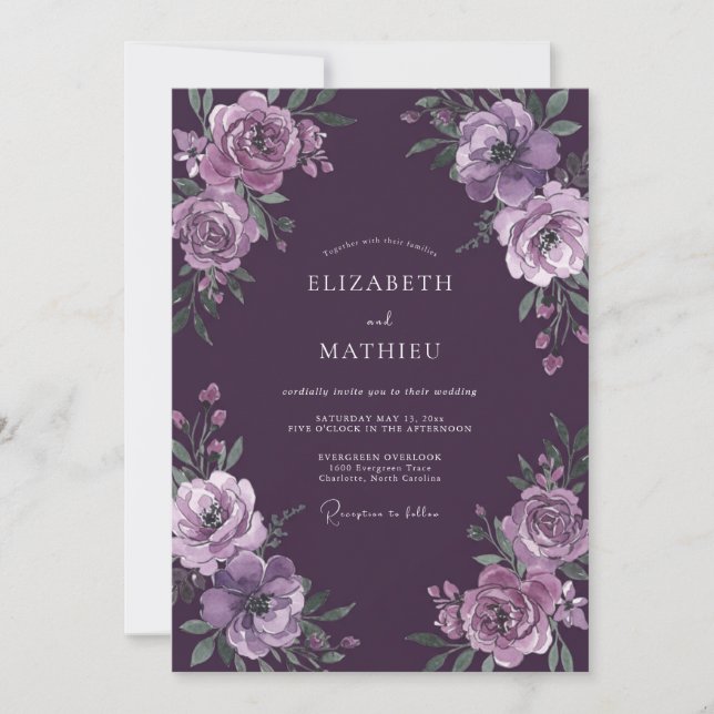 Plum Enigmatic Floral Wedding Invitation (Front)