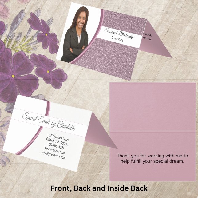 Plum Faux Glitter Replaceable Photo Folding Business Card (Plum faux glitter folding business card template)