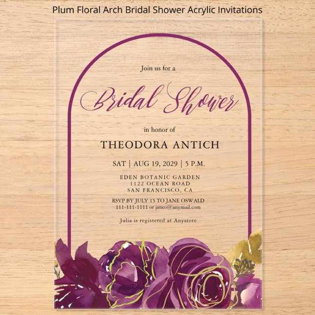 Plum Floral Arch Bridal Shower  Acrylic Invitations (Creator Uploaded)