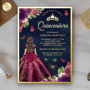 Plum Floral Butterfly Navy Blue Quinceanera Gold