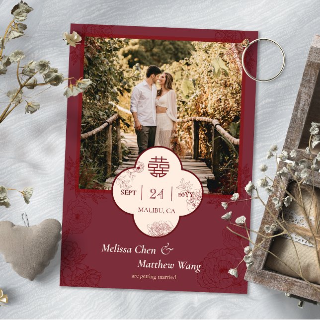 Plum Floral Chinese Wedding Photo Save the Date (Plum Floral Chinese Wedding Photo Save the Date)