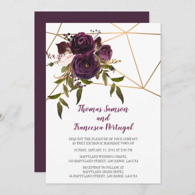 Plum Floral Faux Gold Geometric Wedding Invitation (Front/Back)