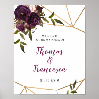 Plum Floral Faux Gold Geometric Welcome Sign 8x10