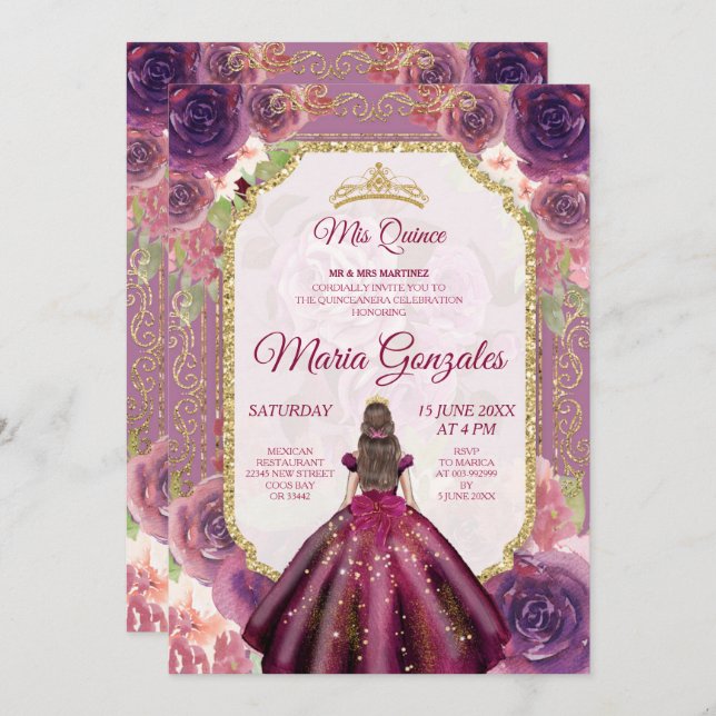 Plum Floral Roses Girl Charra Mis Quince Invitation (Front/Back)