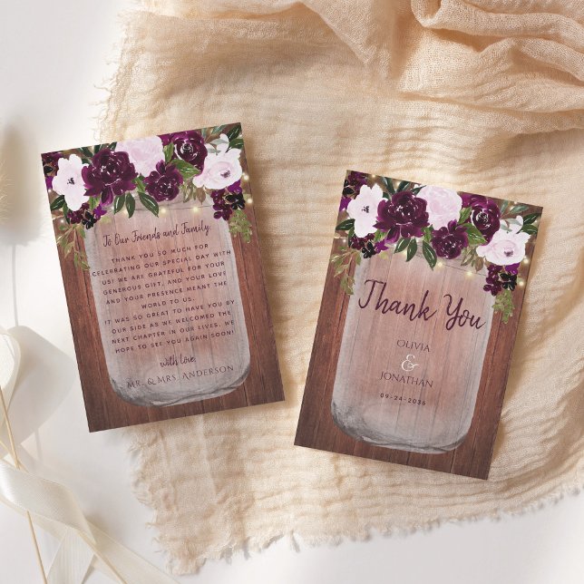 Plum Floral Rustic Wood Mason Jar Wedding  Thank You Card (Creator Uploaded)