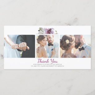Plum Floral Watercolor 3 Photos Wedding Thank You Card