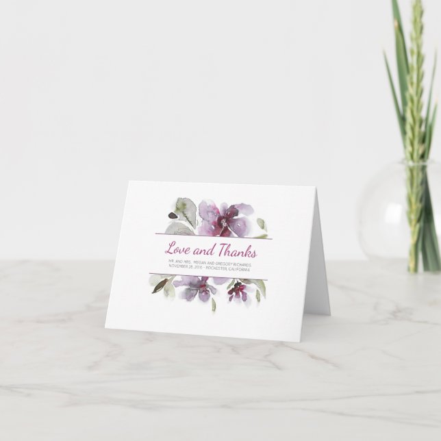 Plum Floral Watercolor Wedding Thank You Card (Front)