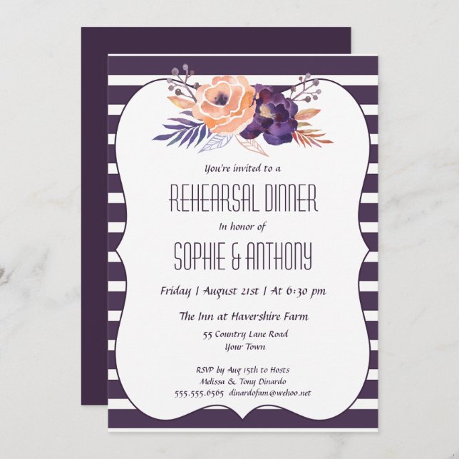 Plum Floral Wedding Rehearsal Dinner Invitation (Front/Back)