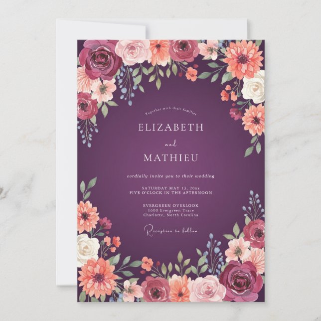 Plum Floral Whimsical Wedding Invitation (Front)