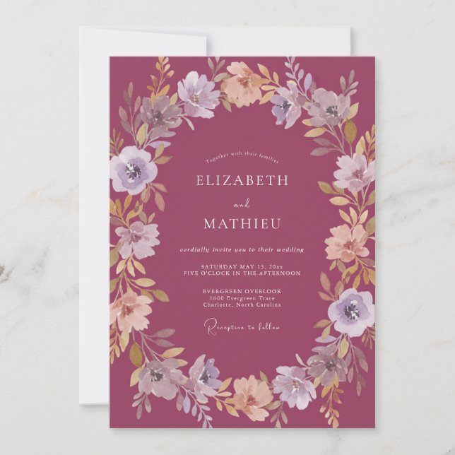 Plum Floral Wreath Wedding Invitation (Front)