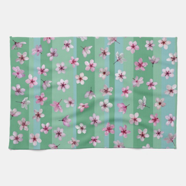 Plum Flowers Stripes Dishtowel Tea Towel (Horizontal)
