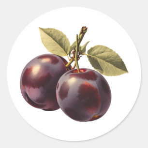 Plum Fruit with Leaves Classic Round Sticker