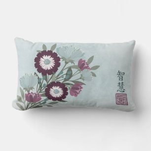 Plum gerbera daisy blue floral bouquet Asian art Lumbar Cushion