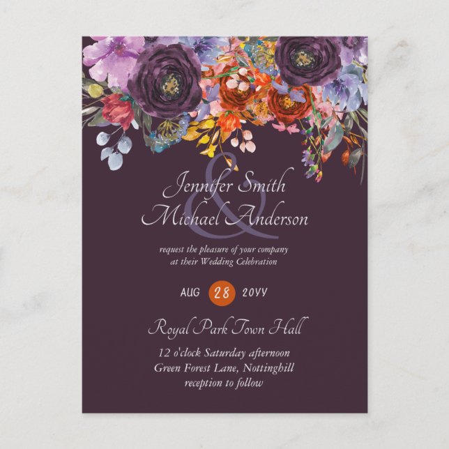 Plum Ginger Fuchsia Floral Wedding Invites Budget Postcard (Front)