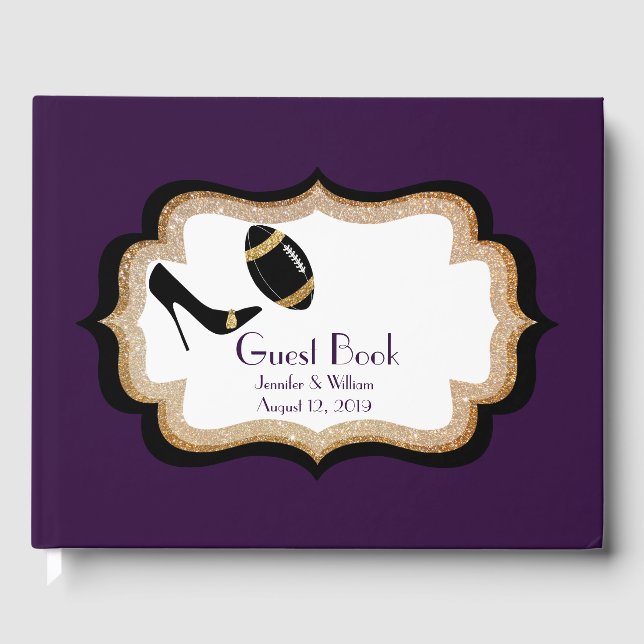 Plum Gold and Black Football Themed Wedding Guest Book (Front)
