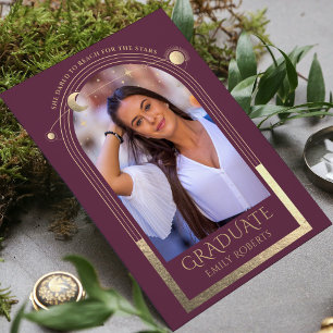 Plum Gold Celestial Sun Moon Graduation Photo Invitation