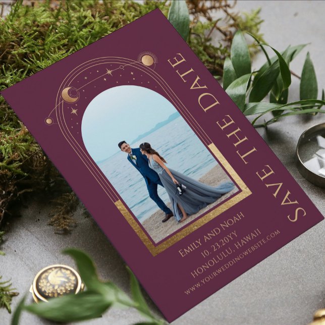 Plum Gold Celestial Two Photo Wedding Save The Date (Creator Uploaded)