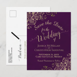 Plum & Gold Chic Calligraphy Wedding Save the Date Announcement Postcard