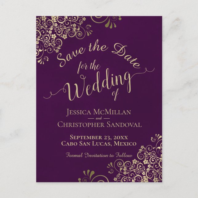 Plum & Gold Chic Calligraphy Wedding Save the Date Announcement Postcard (Front)