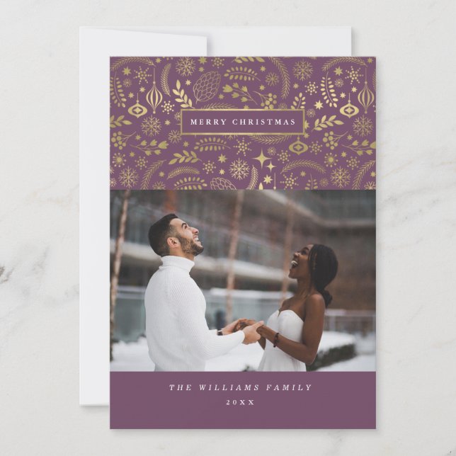 Plum + Gold Festive Winter Photo Christmas Cards (Front)