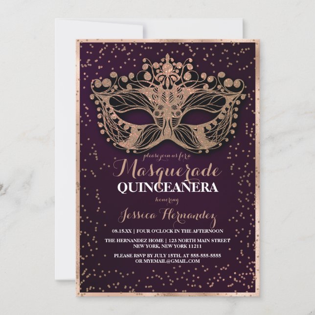 Plum Gold Glitter Confetti Masquerade Quinceañera Invitation (Front)