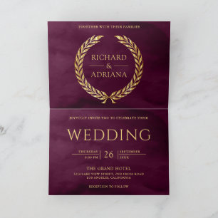 Plum Gold Laurel Minimal QR Code Wedding Invitation
