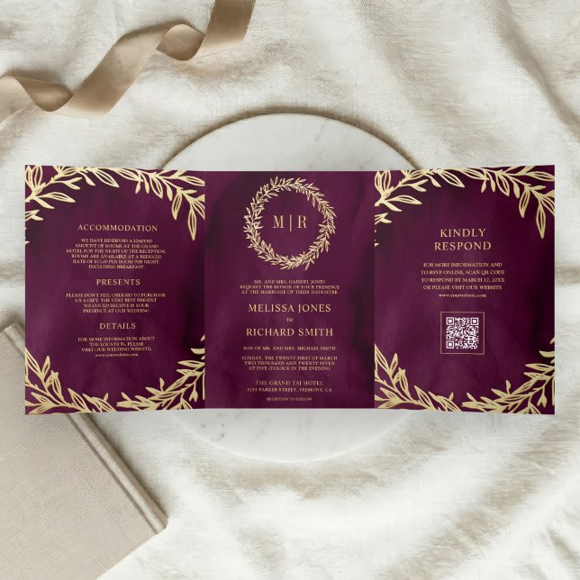 Plum Gold Leaf Branch QR Code Wedding Tri-Fold Invitation (Creator Uploaded)