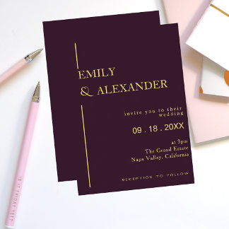 Plum Gold Minimalist Wedding Invitation