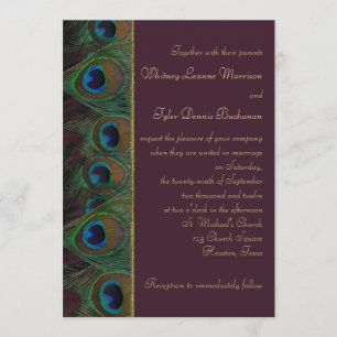 Plum, Gold Peacock Feathers Wedding Invitation
