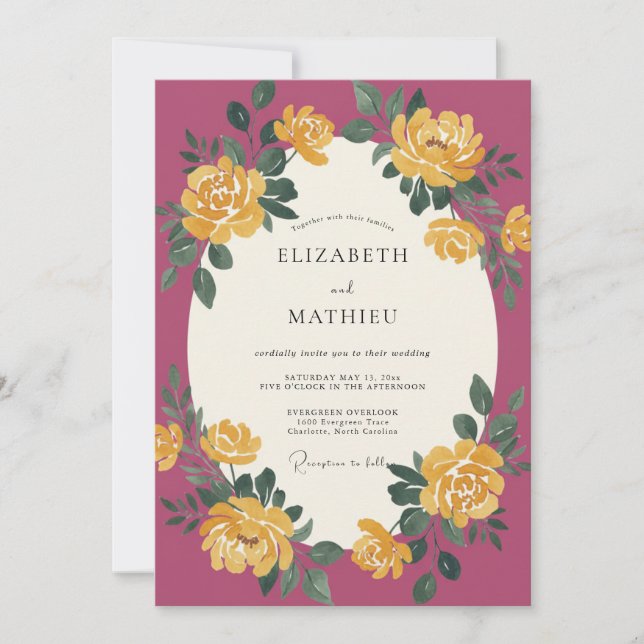 Plum Gold Ranunculus Eucalyptus Wedding Invitation (Front)